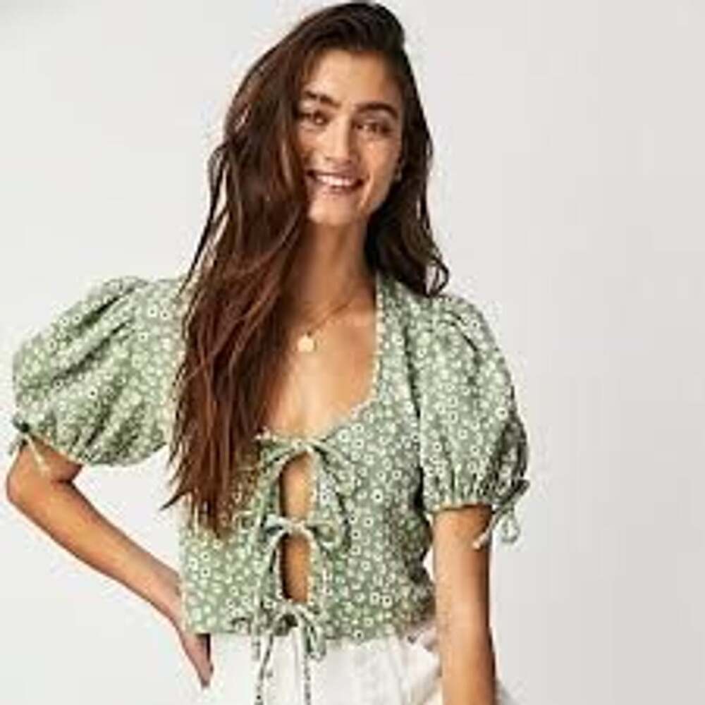 Free People Sweet Sun Top Size S Green Floral Puff Sleeve Crop